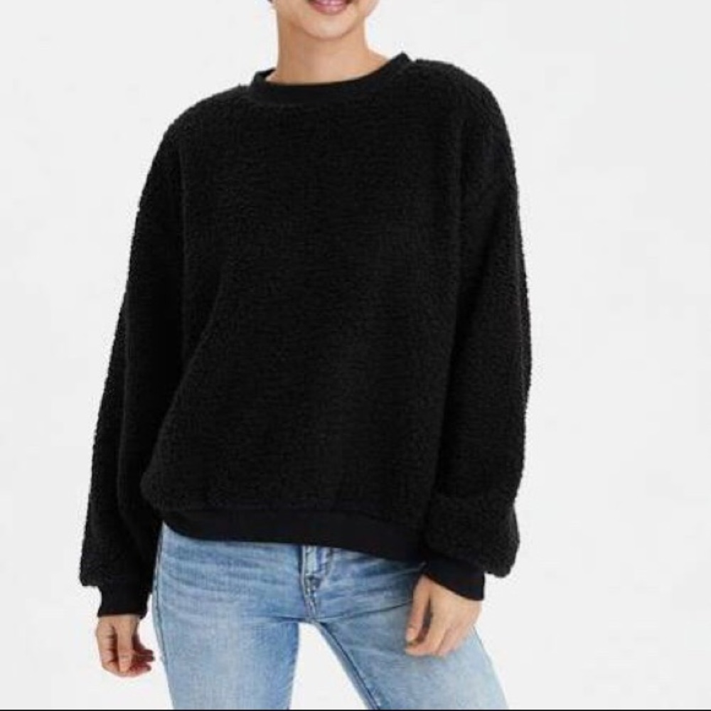 Cozy American Eagle Black Sherpa Crew Neck Sweater M